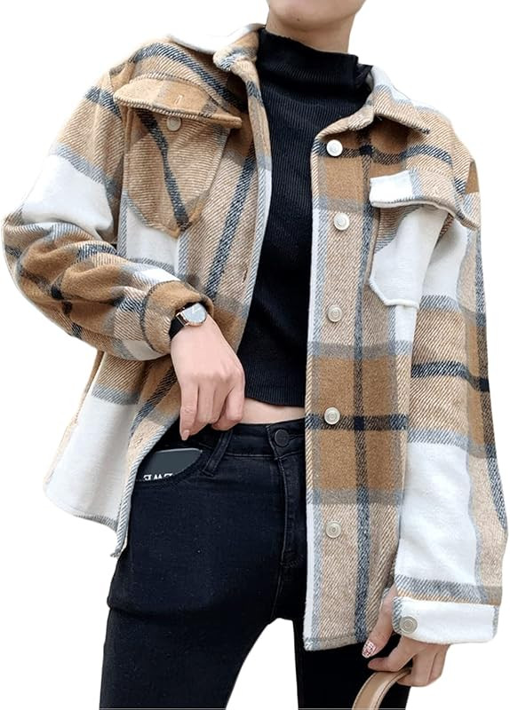Haellun Womens Brushed Flannel Plaid Lapel Wool Blend Pea Coat Button Down Shirts Shackets | Amazon (US)