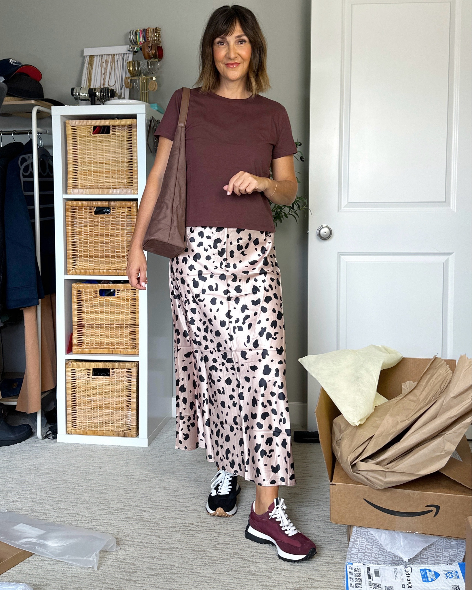 Fall Amazon order! I’m 5’ 7” size 4ish and wearing M in the skirt, the size chart says M is size 2-4, waist 25-27”.
The shoes fit tts and are really comfortable, both color options are cute and versatile.
The bag is faux suede and really inexpensive but looks like a decent bag. I like the size and color.
My tee is from Madewell and I’m wearing S (code EVER20 for 20% off). Also linked the jeans from the beginning, they fit tts.


#LTKxPrimeDay #LTKStyleTip #LTKShoeCrush