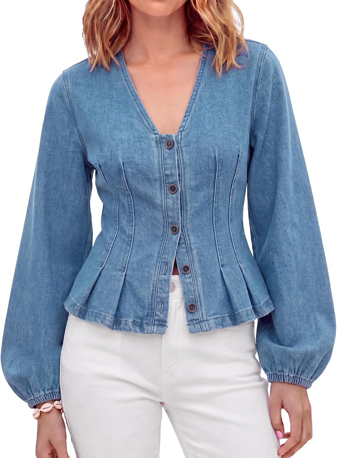 Tankaneo Womens Denim Button Down Shirts Fitted Puff Long Sleeve Jean Tops | Amazon (US)