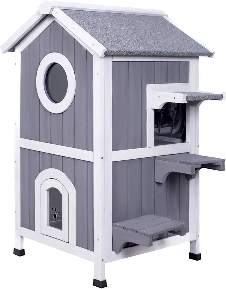 Outdoor Cat House Weatherproof, Wooden Two-Story Feral Cat Shelter with Openable Roof, Escape Doo... | Amazon (US)