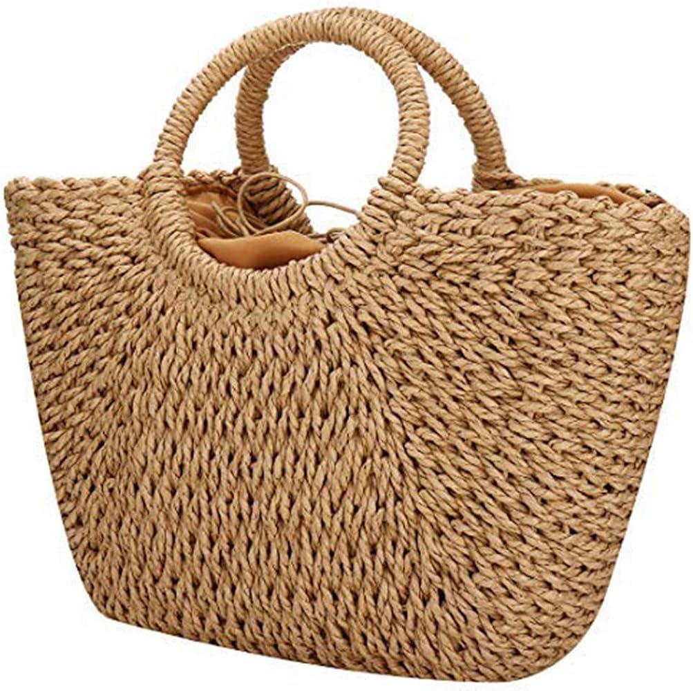 Natural Chic Straw Bag Hand Woven Round Handle Handbags Retro Summer Beach Bag Beach Bag | Amazon (US)