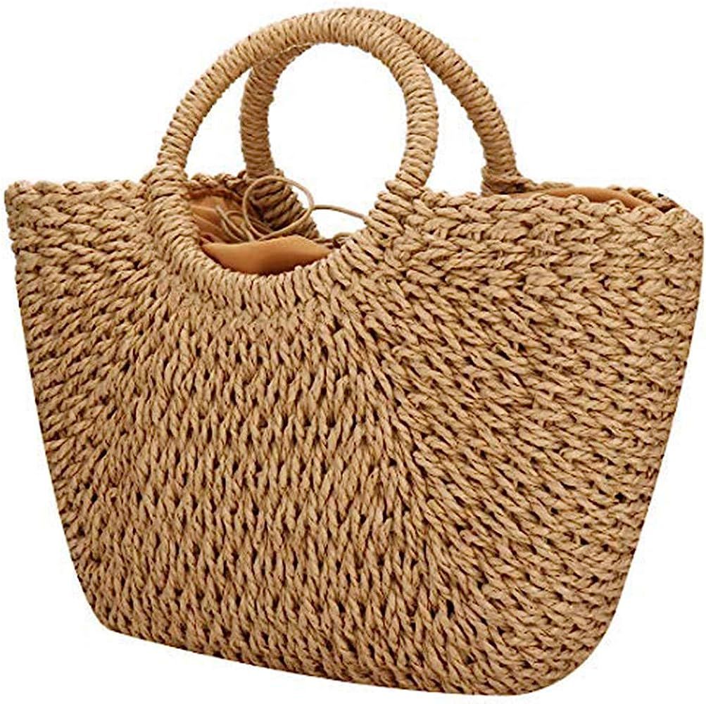 Natural Chic Straw Bag Hand Woven Round Handle Handbags Retro Summer Beach Bag Beach Bag | Amazon (US)