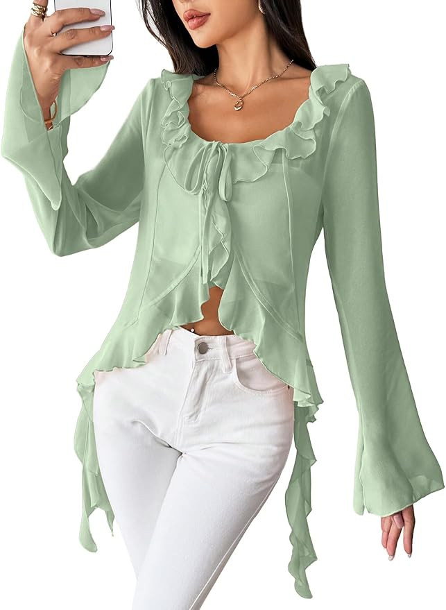 WDIRARA Women's Tie Front Ruffle Sheer Blouse Long Bell Sleeve Going Out Casual Tops Green Small ... | Amazon (US)