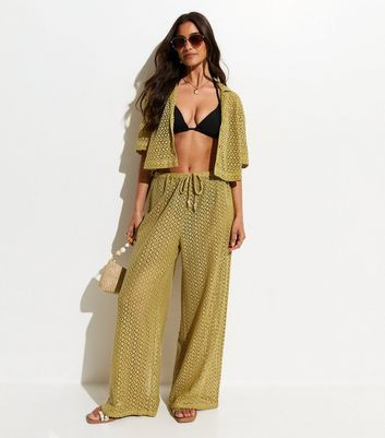 Women's Green Crochet Knit Wide Leg Trousers New Look | New Look (UK)