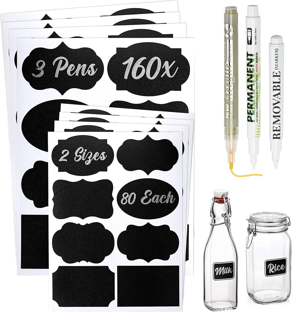 Reusable Self-Adhesive Jar Labels – 163-Piece Chalkboard Sticker Set with 3 Pens (Gold, White, ... | Amazon (UK)