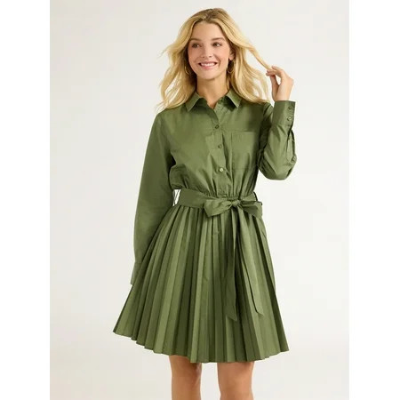 Free Assembly Women’s Pleated Mini Shirtdress with Long Sleeves, Size XS-XXL | Walmart (US)