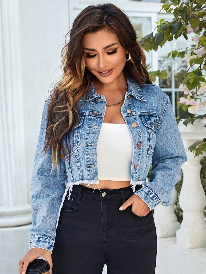 SHEIN Essnce Flap Detail Raw Hem Crop Denim Jacket | SHEIN
