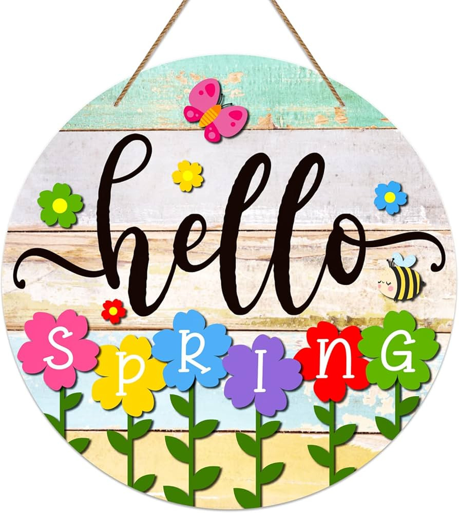 PETCEE Hello Spring Door Sign - 11.5" Colorful Flowers Spring Sign for Front Door Welcome Spring ... | Amazon (US)