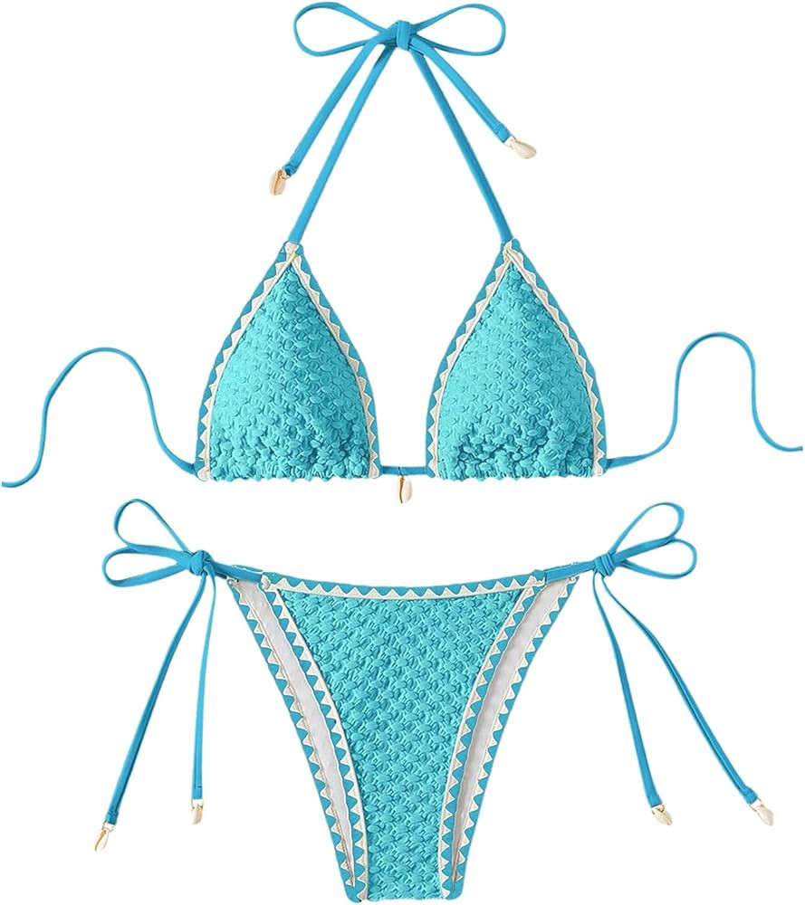 SHENHE Women's 2 Piece Triangle Beach Bikini Sets Color Block Halter Swimsuit Bathing Suit | Amazon (US)