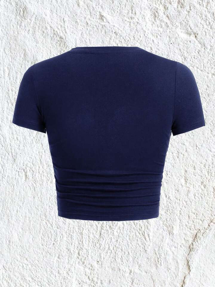 SHEIN EZwear Women's Plus Size Summer All-Match T-Shirt In Dark Blue With 'Los Angeles' Letter Pr... | SHEIN