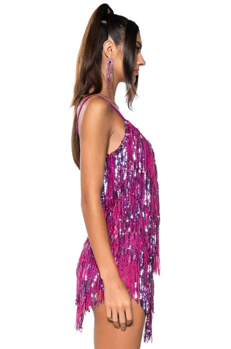 SHOW UP SEQUIN FRINGE MINI DRESS IN PURPLE MULTI | AKIRA