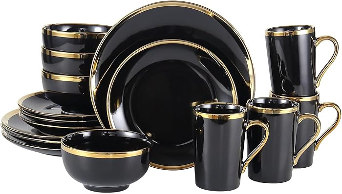 16-Piece Black and Gold Dinnerware Set for 4, Elegant Porcelain Plates and Bowls Set with Golden ... | Amazon (US)