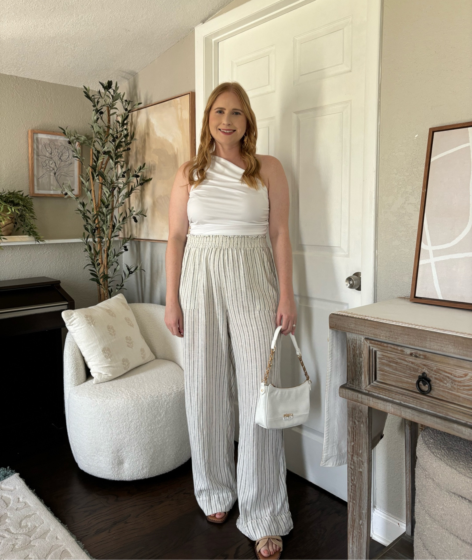 Walmart outfit idea // ruched one shoulder top for $19, size M. Striped linen pants under $20 wearing size Medium. #walmart #walmartfashion

#LTKSummerSales #LTKxWalmart #LTKFindsUnder50