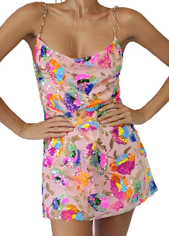 Sparkly Women's Sequin Dress Sexy Backless Low-Cut Floral Spaghetti Strap Mini Dress Birthday Par... | Amazon (US)