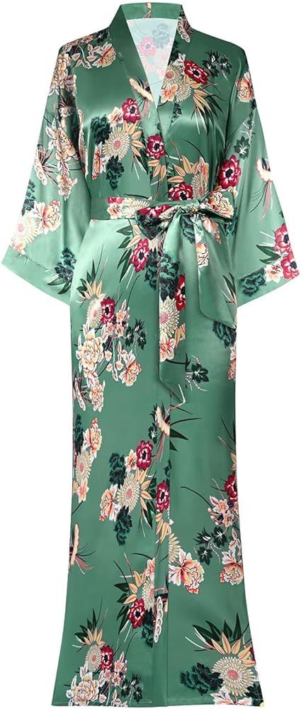 Womens Long Satin Robes Kimono Robe Silky Bridesmaid Wedding Bachelorette Party Bathrobe Floral Slee | Amazon (US)