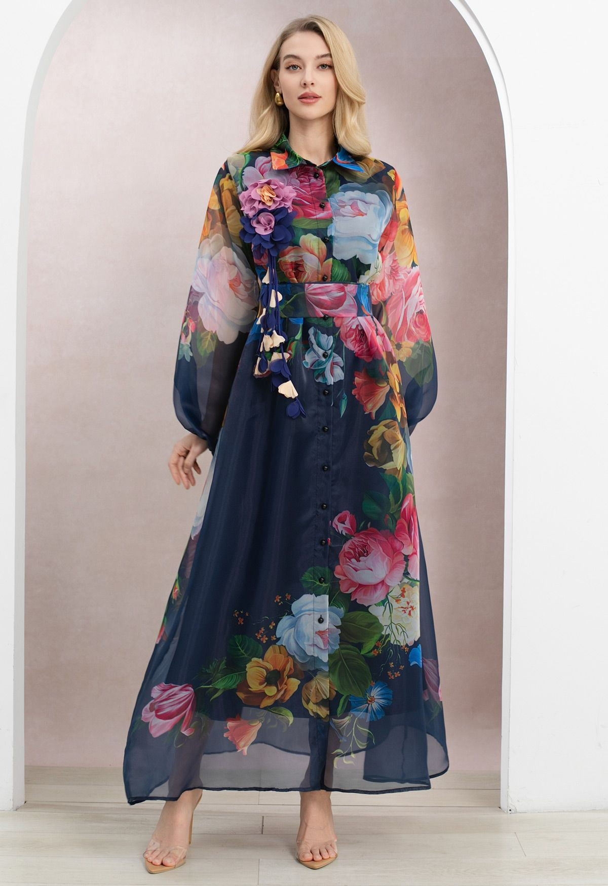Floral-Kissed Button-Down Organza Maxi Dress with Brooch in Navy for Romantic Retreats & Sunset D... | Chicwish