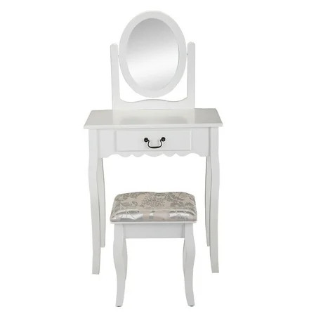 Vanity Table Chair Set Makeup Dressing Table with 360° Rotating Mirror Large Drawer White Furniture  | Walmart (US)