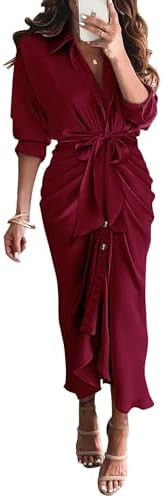 BTFBM Summer Dresses for Women 2025 Long Sleeve Lapel V Neck Button Down Elegant Belted Ruched Sa... | Amazon (US)