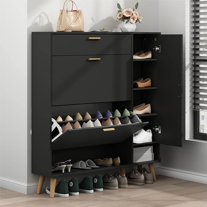 Gyfimoie Shoe Rack Cabinet, Free Standing Shoes Storage Organizer Cabinet with 3 Flip Drawers, En... | Amazon (US)