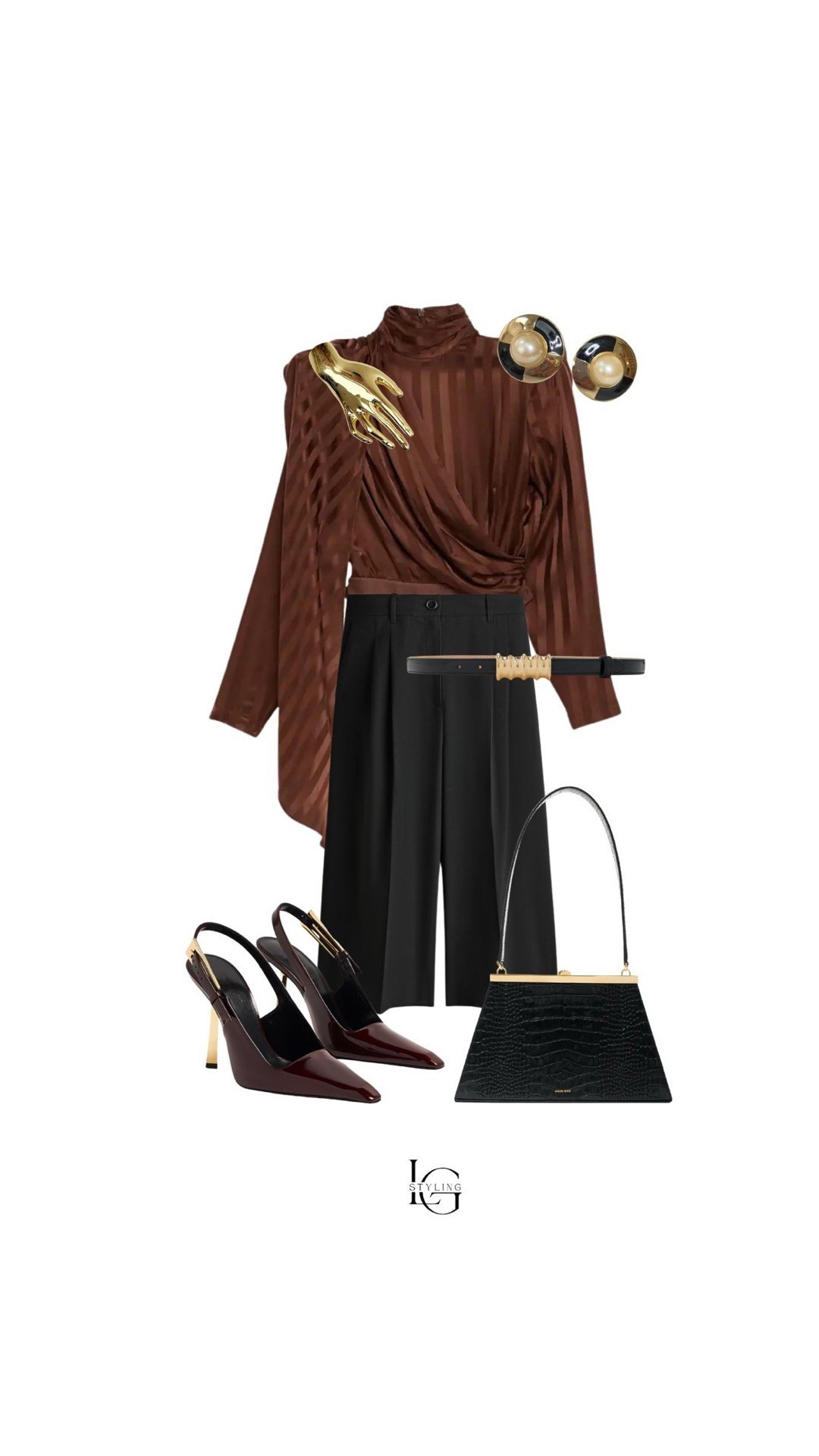 This chocolate brown blouse makes a beautiful statement when styled with tailored black trousers. The draped silhouette brings movement and softness, while structured accessories keep the outfit sharp and refined.

A slim belt defines the waist, sculptural gold jewelry adds personality, and burgundy slingback heels bring in a subtle tonal contrast that feels incredibly chic. Finished with a classic top-handle bag, this look is timeless and sophisticated.

Perfect for work meetings, gallery openings, or evening events when you want to feel polished but fashion-forward.

#LTKStyle #LTKWorkwear #LTKChic #TailoredStyle #ChocolateBrown #MinimalStyle #WardrobeStylist #ClassicFashion #LTKFinds #QuietLuxury

#LTKSeasonal #LTKgrwm