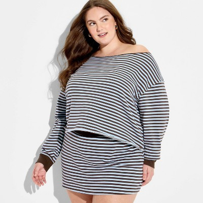 Women's Off the Shoulder Pullover Sweatshirt - Wild Fable™ Dark Brown Striped XXL | Target