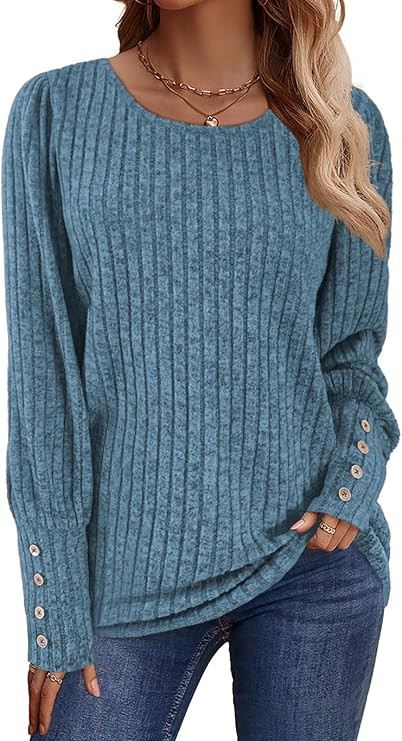 Lylinan Womens Ribbed Knit Long Sleeve Tops Casual Button Cuff Pullover Sweaters Blouses S-XXL | Amazon (US)
