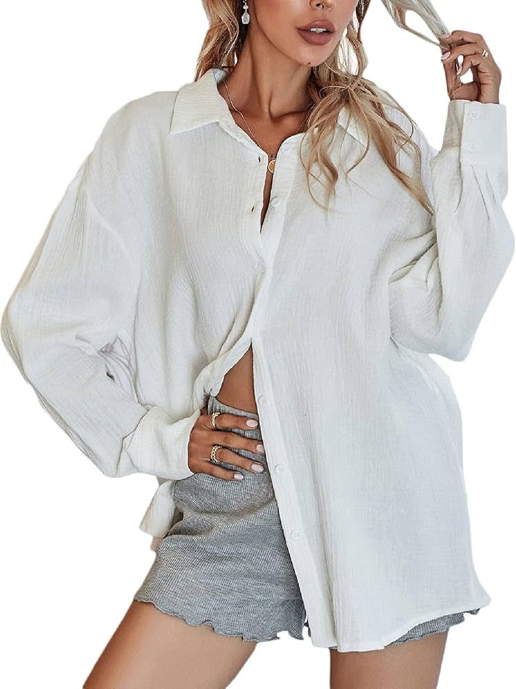 MakeMeChic Women's Oversized Button Down Shirts Collared Button Up Shirt Blouse Top | Amazon (US)