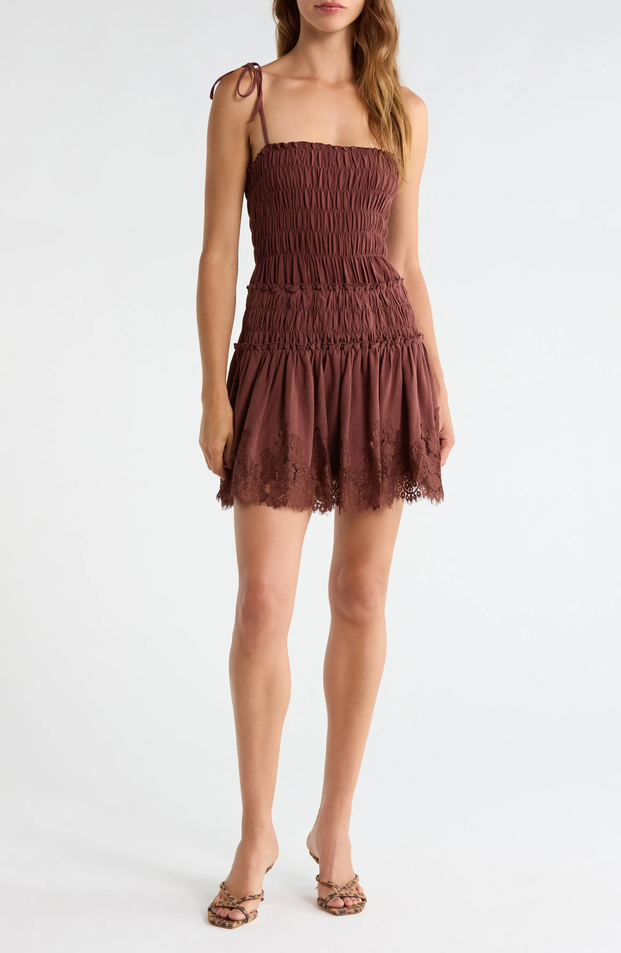 Shirred Tie Shoulder Lace Trim Minidress (Women) | Nordstrom | Nordstrom