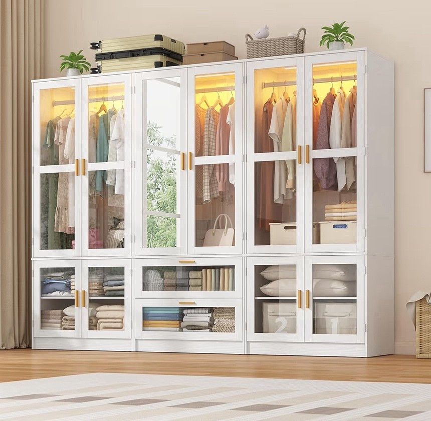 6 Doors Armoire Wardrobe Closet with LED and Mirror,71" H Freestanding Wooden Wardrobe Closet Cabinet for Bedroom w 2 Drawers,Wooden Clothing Storage Cabinet w Hanging Rod,Closets for Bedroom(White)
