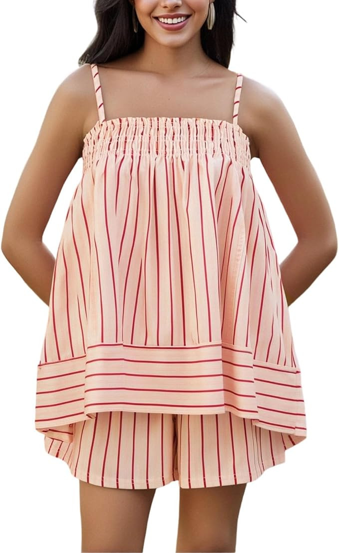 SOOKABEILA Women 2 Piece Lounge Set Sleeveless Striped Cami Peplum Top Boxer Shorts Loose Ruffle ... | Amazon (US)