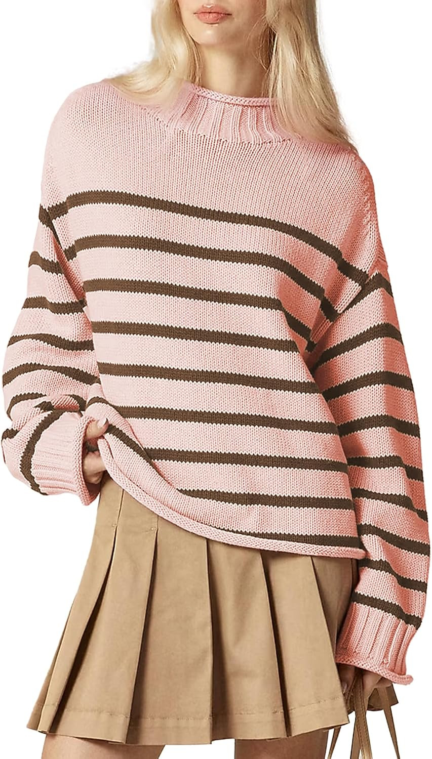 SeeLuNa Women Oversized Sweater Roll Neck Striped Knit Pullover Casual Tops | Amazon (US)