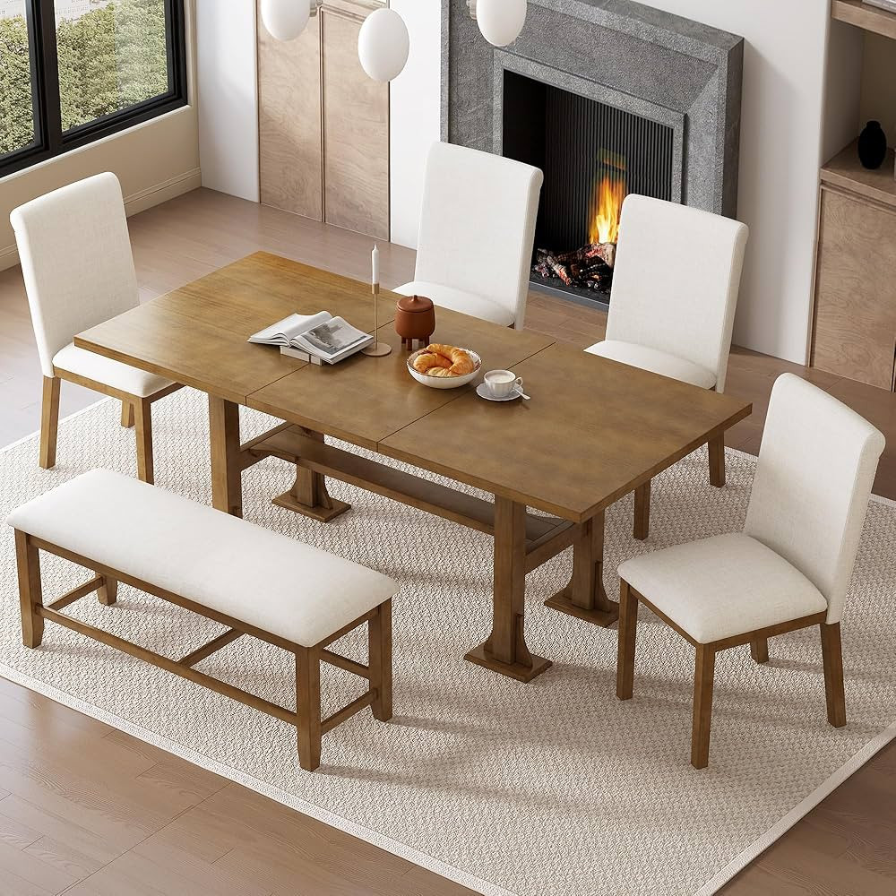 Farmhouse 6-Piece Extendable Dining Table Set, Wood Rectangular Trestle Kitchen Table with 18inch... | Amazon (US)
