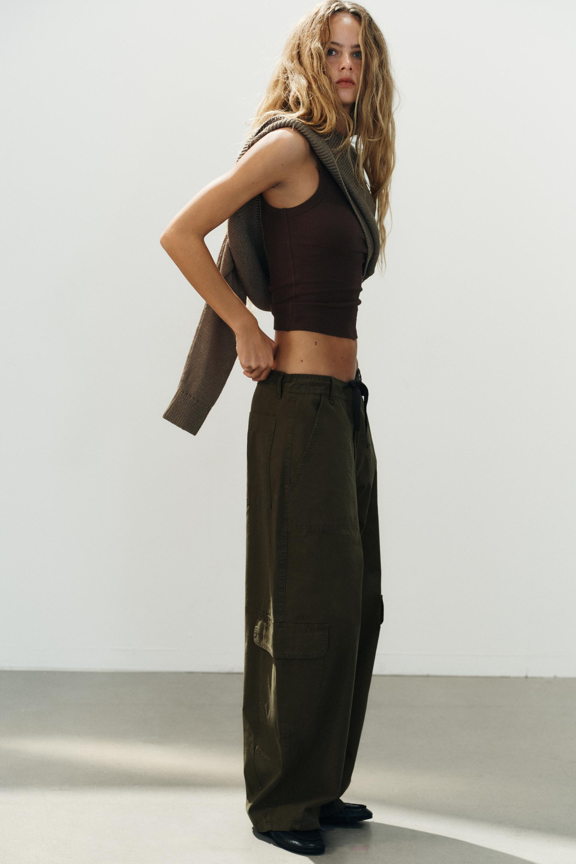 Zara - Printed Oversize Cargo Trousers - Khaki - 4 - Woman | Zara UK