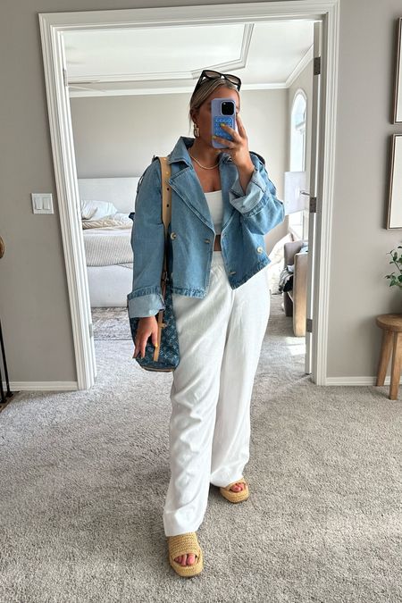 Todays OOTD!! Cropped trench denim jackets are trending. I have the exact one linked from 2 different boutiques. Wearing a large and it runs big. Crop top comes in a 4 pack. Love these for summer. Linen pants run TTS. I’m wearing a large (short). 

#LTKFindsUnder50 #LTKMidsize #LTKSeasonal