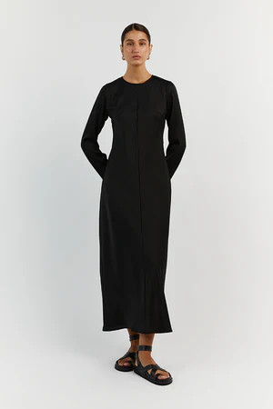 BLOOM BLACK SATIN LONG SLEEVE DRESS | DISSH