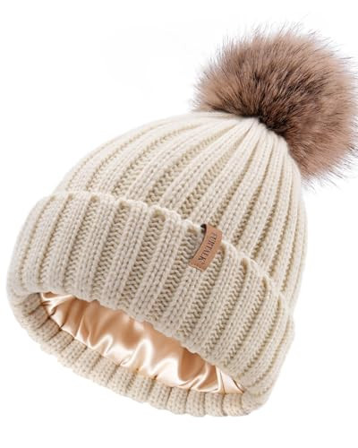 FURTALK Womens Winter Beanie Hat Satin Lined Faux Fur Pom Pom Beanies Hat for Women Winter Warm Knit Hats Beige | Amazon (US)
