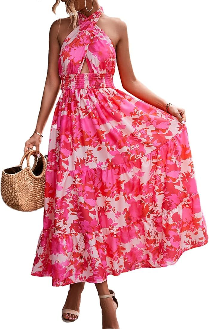 Off Shoulder Boho Floral Swing Mini Dress Summer Strapless Pleated Short Dress | Amazon (US)
