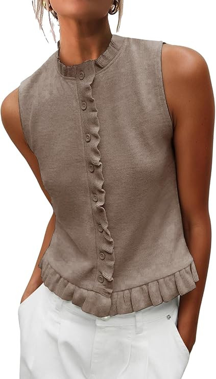 Womens Sleeveless Sweater Vest Mockneck Button Down Vacation Tank Top Summer Ruffle Going Out Ves... | Amazon (US)