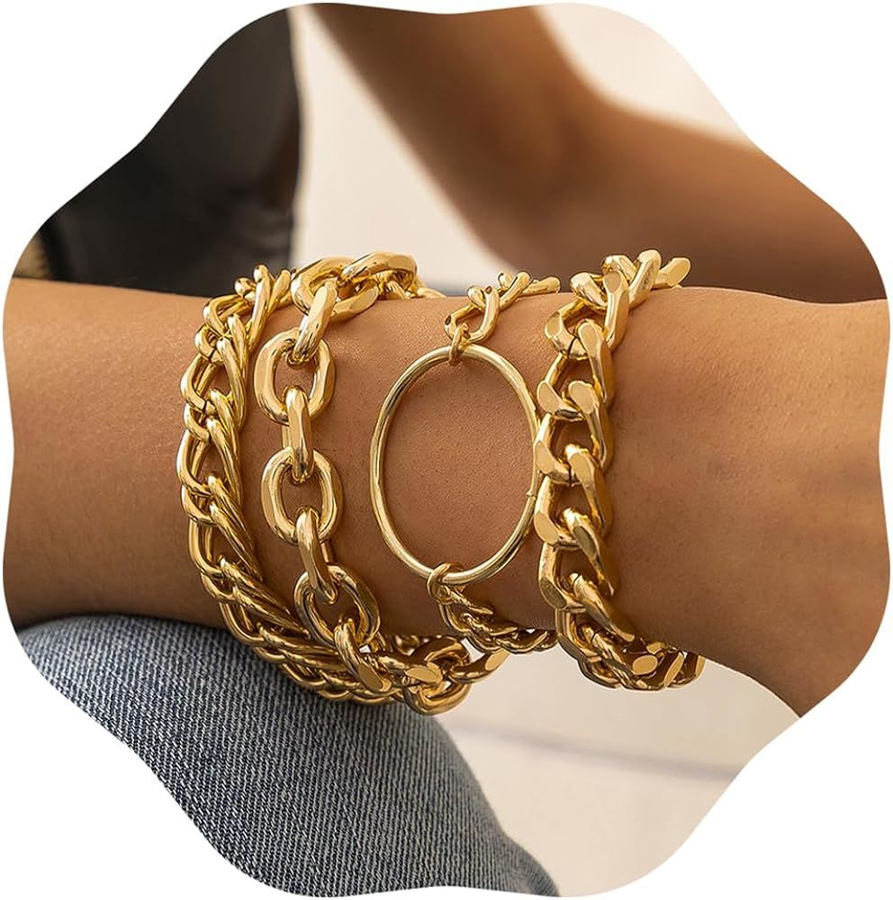 Gold Chunky Chain Bracelet for Women and Girls Charm Boho Bracelet for Teen Girls Women Flat Cabl... | Amazon (US)