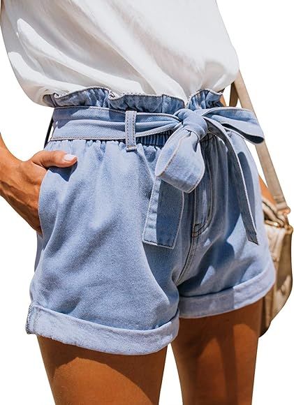 Dokotoo Womens Paper Bag High Waist Denim Shorts Jeans | Amazon (US)