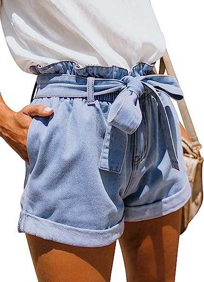 Dokotoo Womens Paper Bag High Waist Denim Shorts Jeans | Amazon (US)
