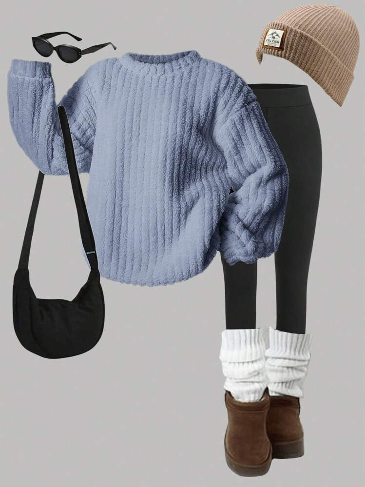 SHEIN Girlism Teen Girls' Fluffy Knitted Loose Casual Versatile Crew Neck Sweatshirt, Autumn/Winter | SHEIN