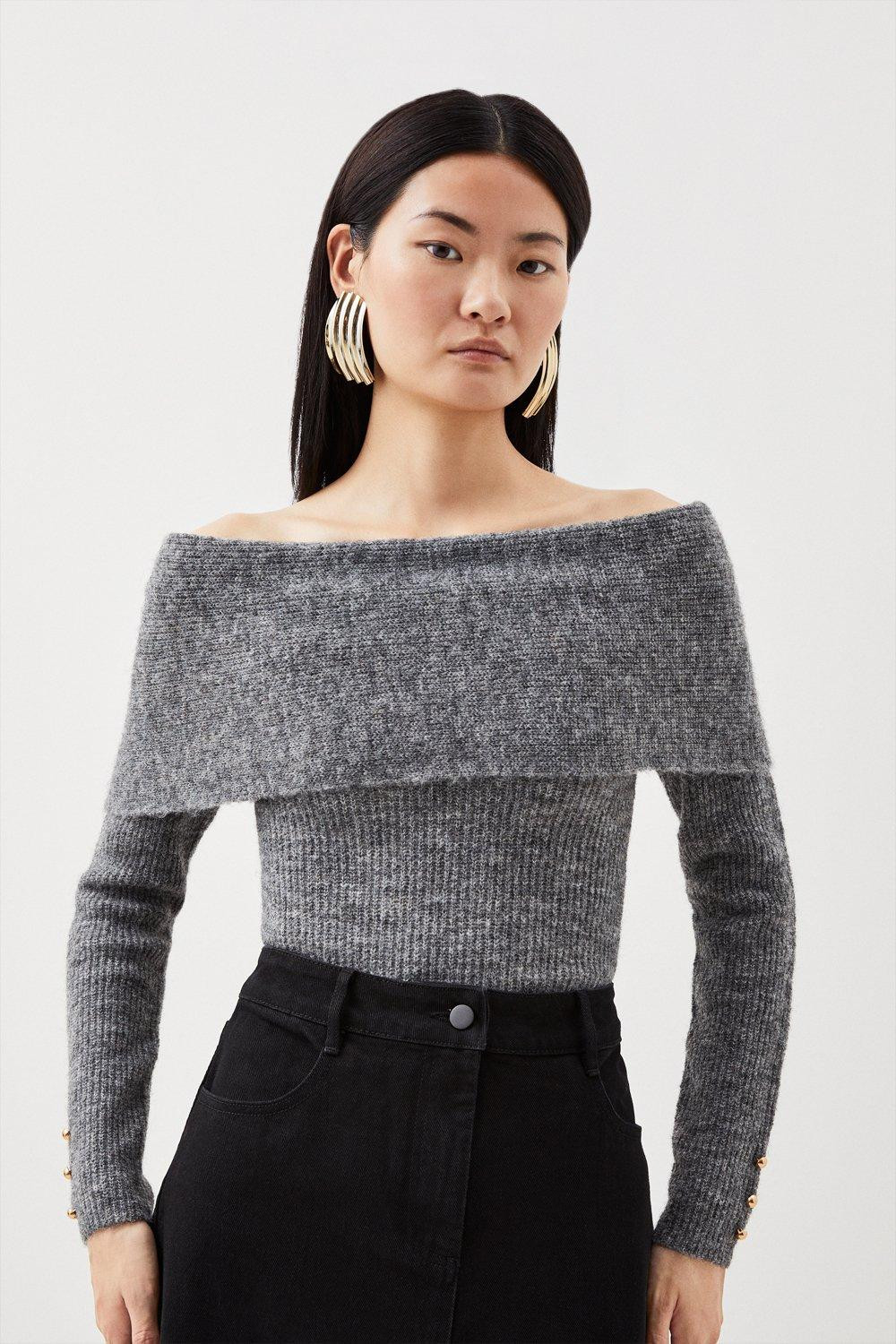Wool Blend Cosy Bardot Knit Jumper | Karen Millen US