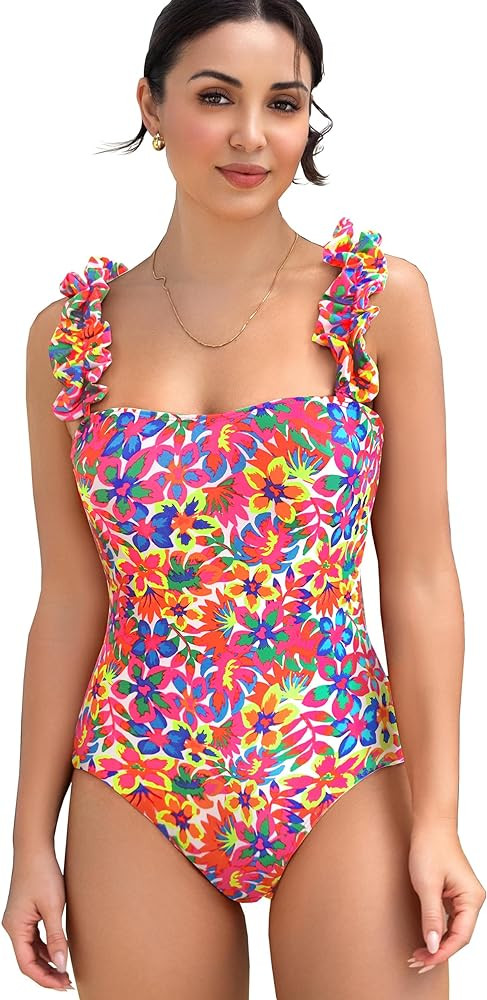 SPORLIKE One Piece Swimsuit Women Ruffle Adjustable Straps Bathing Suit Padded Swimwear | Amazon (US)