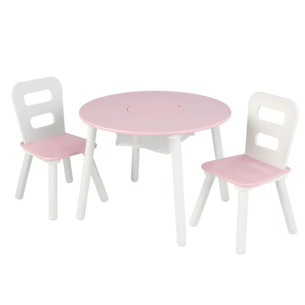 KidKraft Wooden Kids Round Storage Table & 2 Chair Set, Pink & White | Walmart (US)