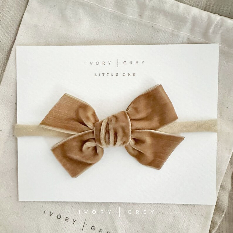 Velvet Addison Bow Soft Caramel Brown 1 Velvet Hair Bow Hand Tied Bow Elastic Headband Baby Toddl... | Etsy (US)