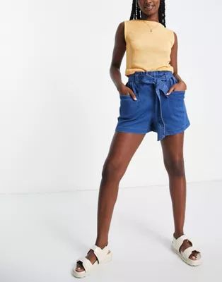 Vila denim shorts with tie waist in blue | ASOS (Global)