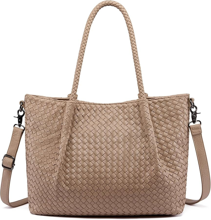 LOVEVOOK Woven Tote Bag for Women Vegan Leather Shoulder Handbag for Travel Work Crossbody Purse | Amazon (US)
