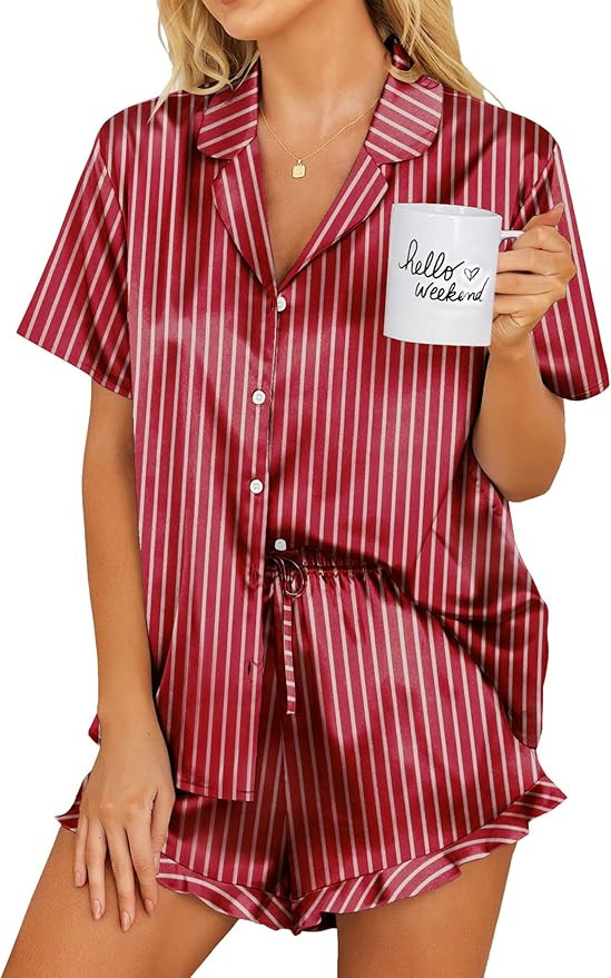 Ekouaer Womens Satin Pajamas Set Button Down 2 Piece Silk Pjs Shorts Set Ruffle Lingerie Notch Co... | Amazon (US)