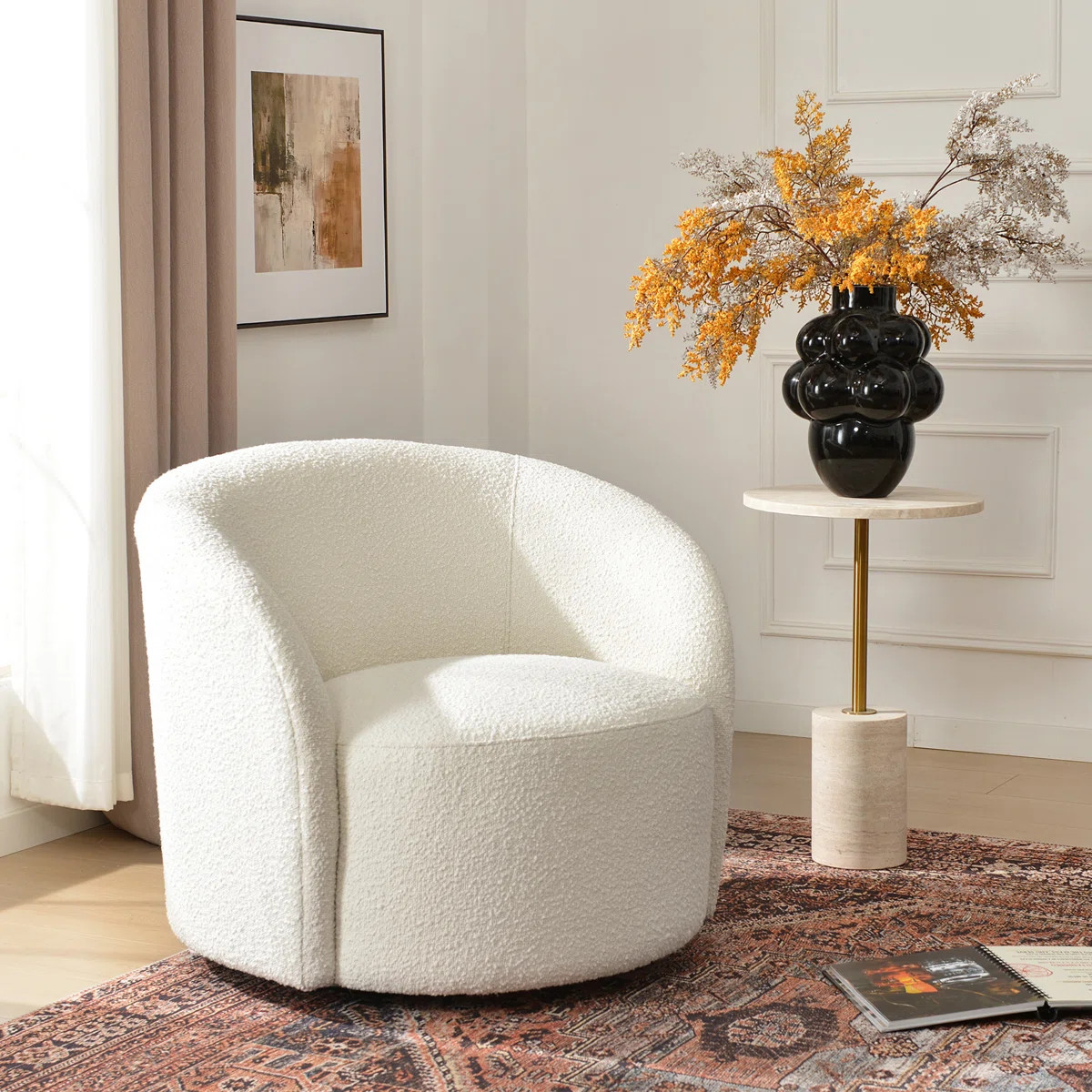 Charleah 34" Wide Boucle Upholstered Swivel Barrel Chair | Wayfair North America